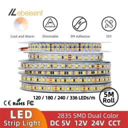 5M/Roll DC 5V 12V 24V LED Dual Color Strip Light 120 180 240 336 LEDs/M 5MM 8MM 12MM Wide PCB Flexible CRI Dimmable CCT Bar Lamp