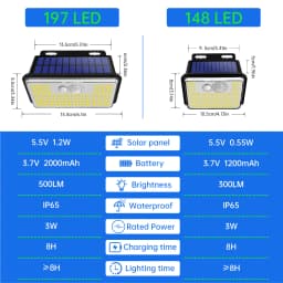 2Pack IP67 Waterproof Solar Outdoor Garden Lights Super Bright 148/197 LEDs Motion Sensor Wall Light Solar Powered Security Lamp