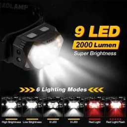 9 Led 2000LM Headlamp USB Rechageable Motion Sensor Headlight Portable Fishing Camping Outdoor Head Lamp Work Flashlight