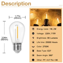 Shatterproof S14 Replacement Light Bulbs 1W 2W E27 Retro Edison Bulbs 220V 110V 2700K for Waterproof IP44 Outdoor String Lights