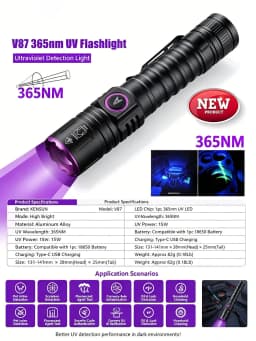 365/395nm UV Flashlight Zoom Type-C USB Rechargeable Black Light For Identification,Pet Urine Detection,Scorpion With Battery
