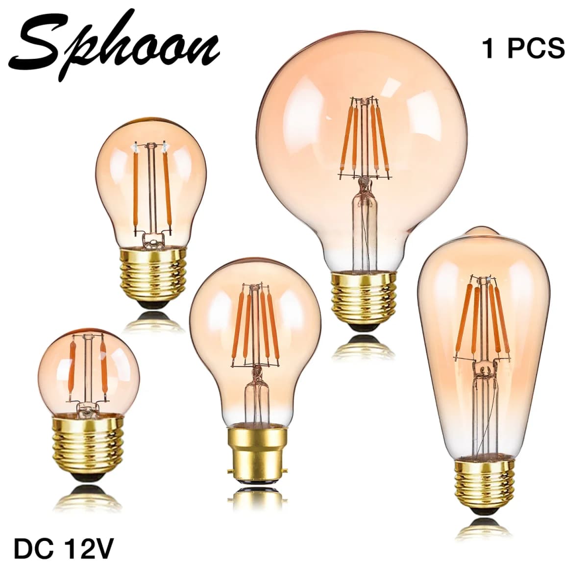Sphoon 12V LED Light Bulb for RV Interior Lighting Amber Glass E27 Base Low Volts DC Vintage Lamp for Camping Battery Systems