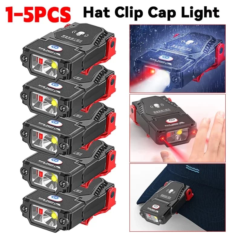 1-5PCS Mini LED Sensor Headlamp Hat Clip Cap Light Fishing Headlight Adjustable Angle USB Rechargeable Camping Headlamp