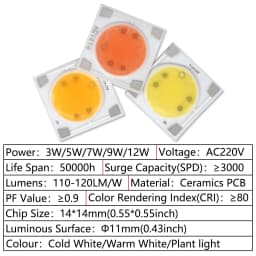 3W 5W 7W 9W 12W LED Chips AC 220V Ceramics PCB Cold White Warm White Plant Light Beads Smart IC Chip For DIY LED Lighting