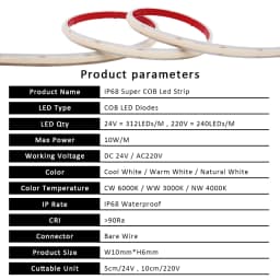 AC 220V IP68 Waterproof COB LED Strip Lights DC 24V Tape Lamp with 2Pin Wires 3000K 4000K 6000K Flexible Ribbon for Home Decor