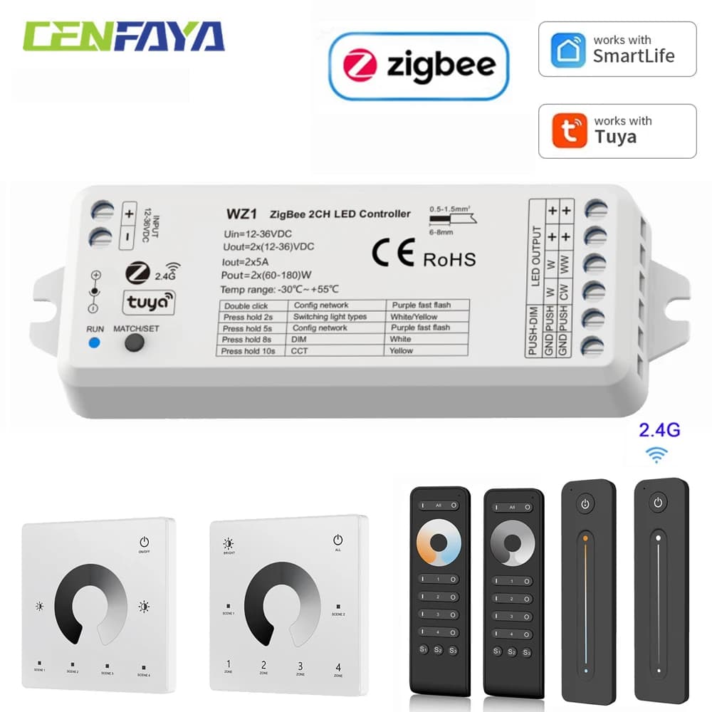 CENFAYA ZigBee & RF 2CH LED Controller DC 12V 24V Smart Dimmer Match with RF 2.4G Remote Controller for WW CW NW CCT LED Strip