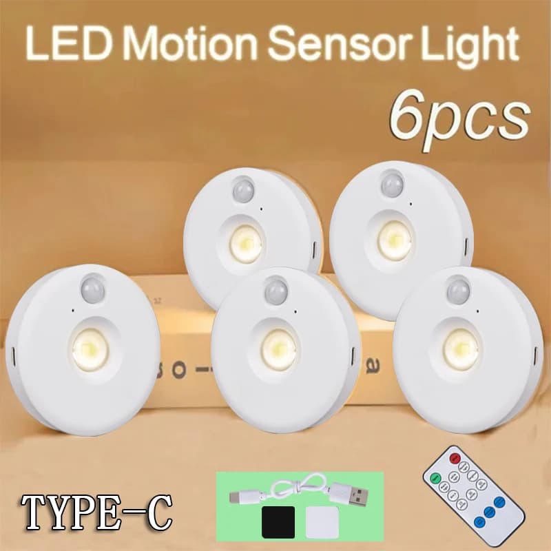 1~6Pack LED Night Lights PIR Motion Sensor Type-C Rechargeable Spotlight 3 Color Wireless Night Lamps for Home Corridor Bedroom