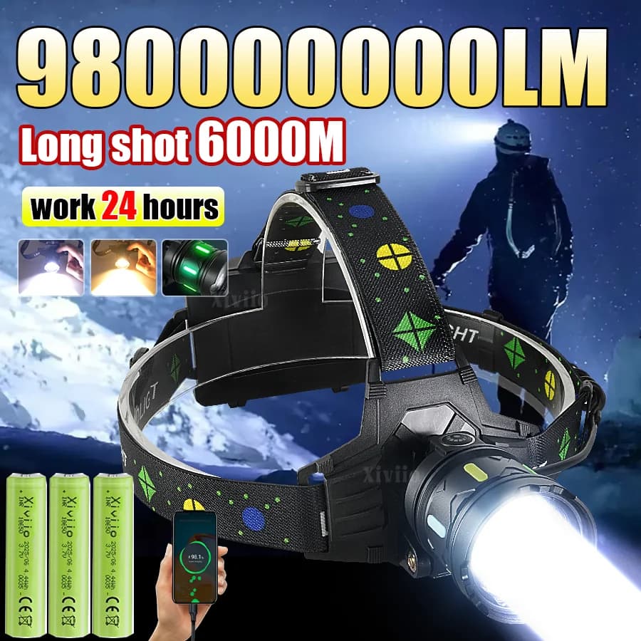 980000000LM High Power LED Headlamp Head Flashlight Long Shot 6000M 18650 Fishing Hunting Work Head Torch Rechargeable Headlight