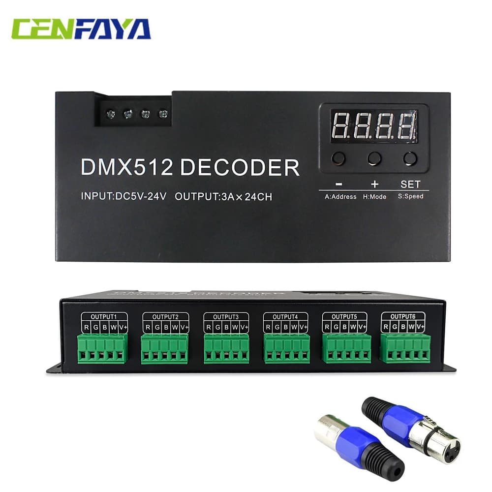 CENFAYA LED DMX 24CH Digital Display Decoder Dimming Driver LED DMX512 Controller for RGBW Strip Light DC5-24V 3A/CH Stage Light