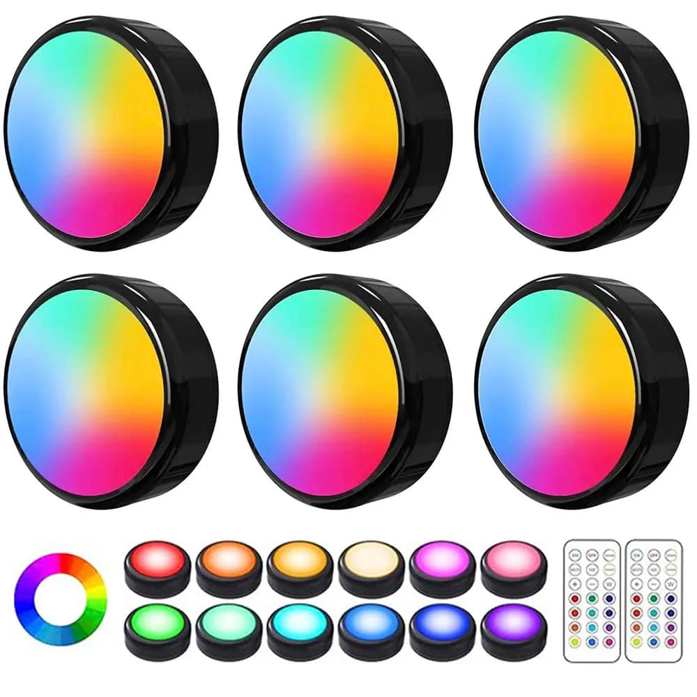 RGBW LED Puck Night Lights Remote Control Dimmable Under Cabinet Light Battery Operated Wireless Push Lamp Kitchen Closet