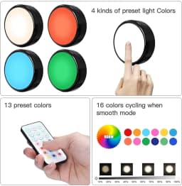 RGBW LED Puck Night Lights Remote Control Dimmable Under Cabinet Light Battery Operated Wireless Push Lamp Kitchen Closet