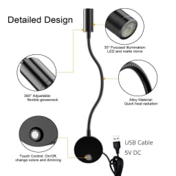 Dimmable 3CCT 5V USB Hotel Bedside Reading Wall Lamp Sconces 3W Working Study LED Book Night Light Fixtures Gooseneck Adjustable