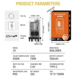 BORUiT V3 LED Keychain Portable 900LM EDC UV Flashlight Work Light Type-C Rechargeable Mini Torch with Magnet UV Pocket Lantern