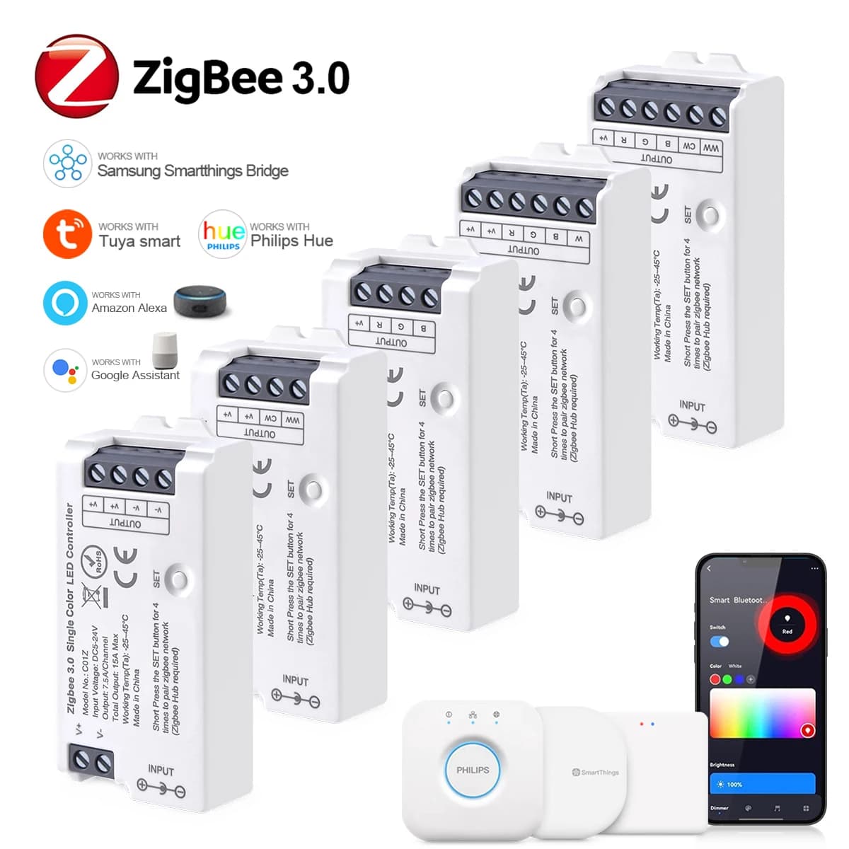 Zigbee 3.0 Smart Home RGB Led Controller,Wifi Switch for 5050/2835 Neon COB Led Tape Dimmer,Dimmable RGBCCT LED Strip Controller