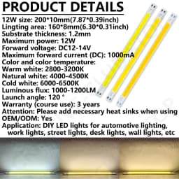 6W 12W 120*10mm 200*10mm LED COB Light Source DC12-14V Warm Natural Cold White 400mA 1000mA Light DIY LED Strip Chip Module Bulb