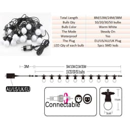 8M/13M/24M/38M LED Globe Ball String Light Street Christmas Fairy Led Festoon Outdoor For Garden Backyard Party Patio Decor