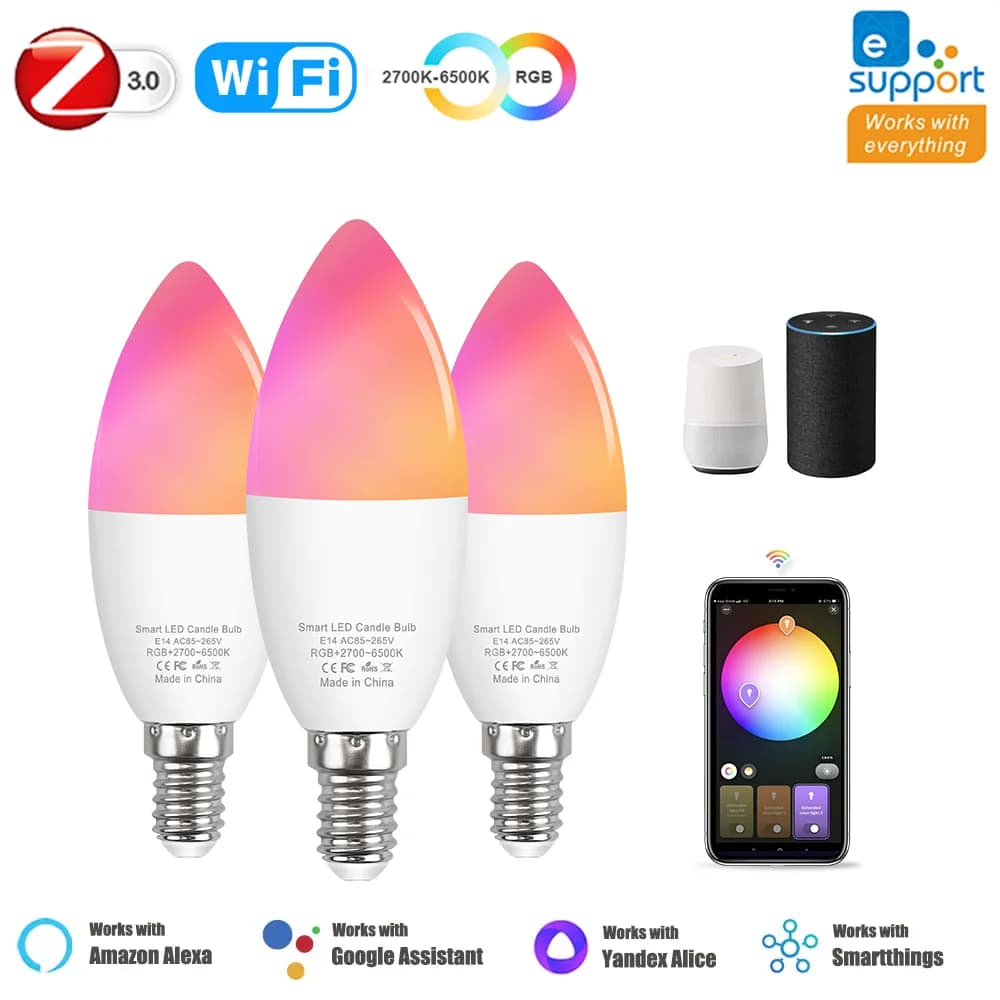 WiFi Zigbee E14 Led Light Bulbs RGBCW Smart Candle Led Lamp Works With Alexa Google Home Yandex Alice Smartthing Home Assistant