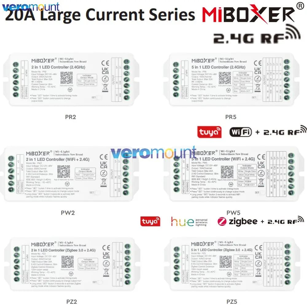 MiBoxer ZigBee 3.0 / WiFi / 2.4G RF LED Controller 2IN1 5IN1 Max 20A For Single Color / Dual White / RGB /RGBW/RGB+CCT LED Strip