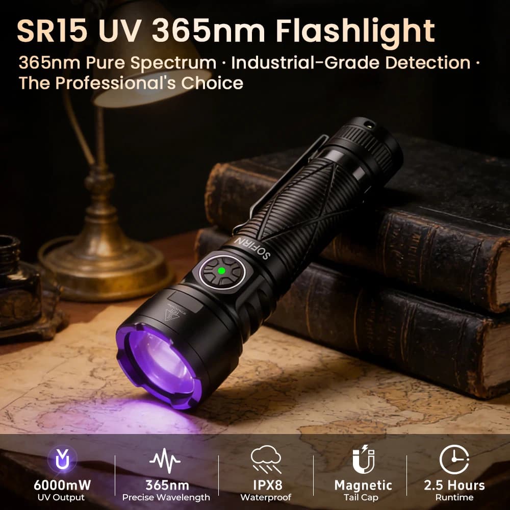 SOFIRN SR15 UV Flashlight 365nm USB C Rechargeable SST08-UV LED 21700 1000LM IPX8 Waterproof Magnetic Tail Cap for Camping