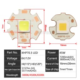 Original XHP70.3 Third Generation 6V 12V 45W HI HD Cold Warm Neutral White SMD 7070 With DTP Copper MCPCB DIY Flashlight