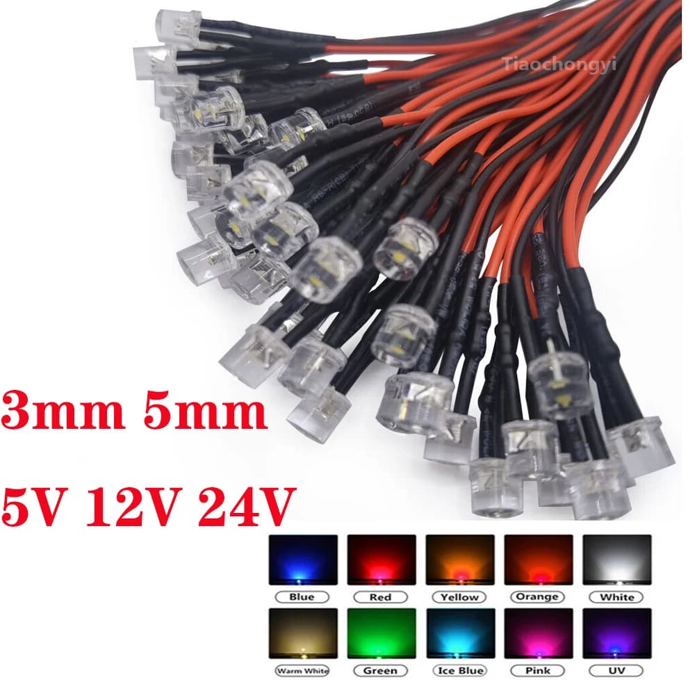 20pcs 3mm/5mm 5V 12V 24V LED Red RGB Pre-Wired Water Clear Flat LED Light Emitting Diodes