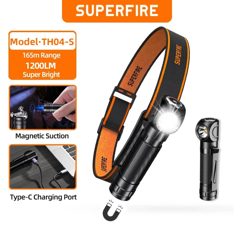 2026 Headlamp Super Bright 1200lm Upgraded version Headlight SUPERFIRE USB C Rechargeable 90° with Magnet Tail Head Flashlight