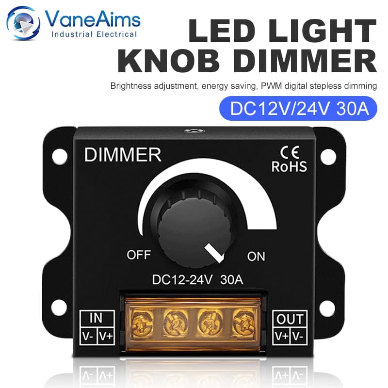 DC12V-24V LED Dimmer 30A 360W Brightness Adjuster Rotary Knob PWM Stepless Dimmer Switch LED Controller for Light Strip Dimming