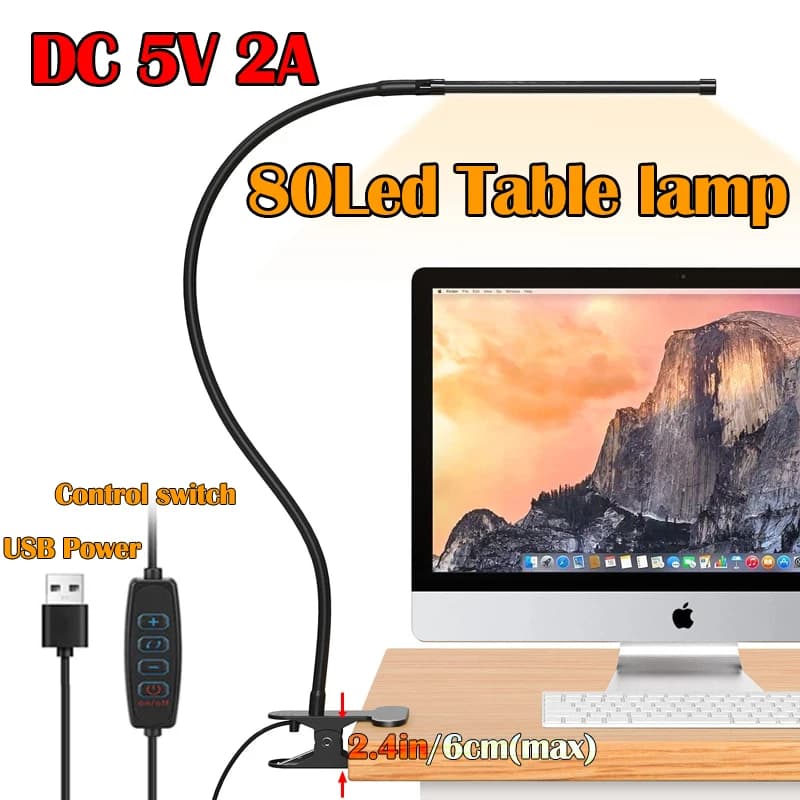 LED Desk Lamp Clamp Adjustable Foldable USB Powered Eye Protection Reading Bedside Table Light for Bedroom Study Dorm Office