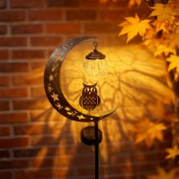 Solar-Powered Moon-Shaped Ground Light with Owl & Glass Ball Decorations for Outdoor Garden Patio Walkway Holiday Gift