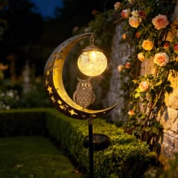 Solar-Powered Moon-Shaped Ground Light with Owl & Glass Ball Decorations for Outdoor Garden Patio Walkway Holiday Gift