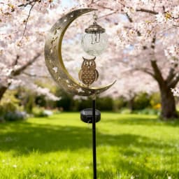 Solar-Powered Moon-Shaped Ground Light with Owl & Glass Ball Decorations for Outdoor Garden Patio Walkway Holiday Gift