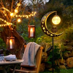 Solar-Powered Moon-Shaped Ground Light with Owl & Glass Ball Decorations for Outdoor Garden Patio Walkway Holiday Gift