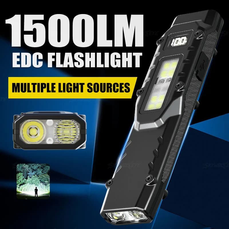 Rechargeable 1500 Lumen Flat Flashlights EDC Tactical Flashlight Dual-Switches LED Small Flashlight with Digital Display Stainle