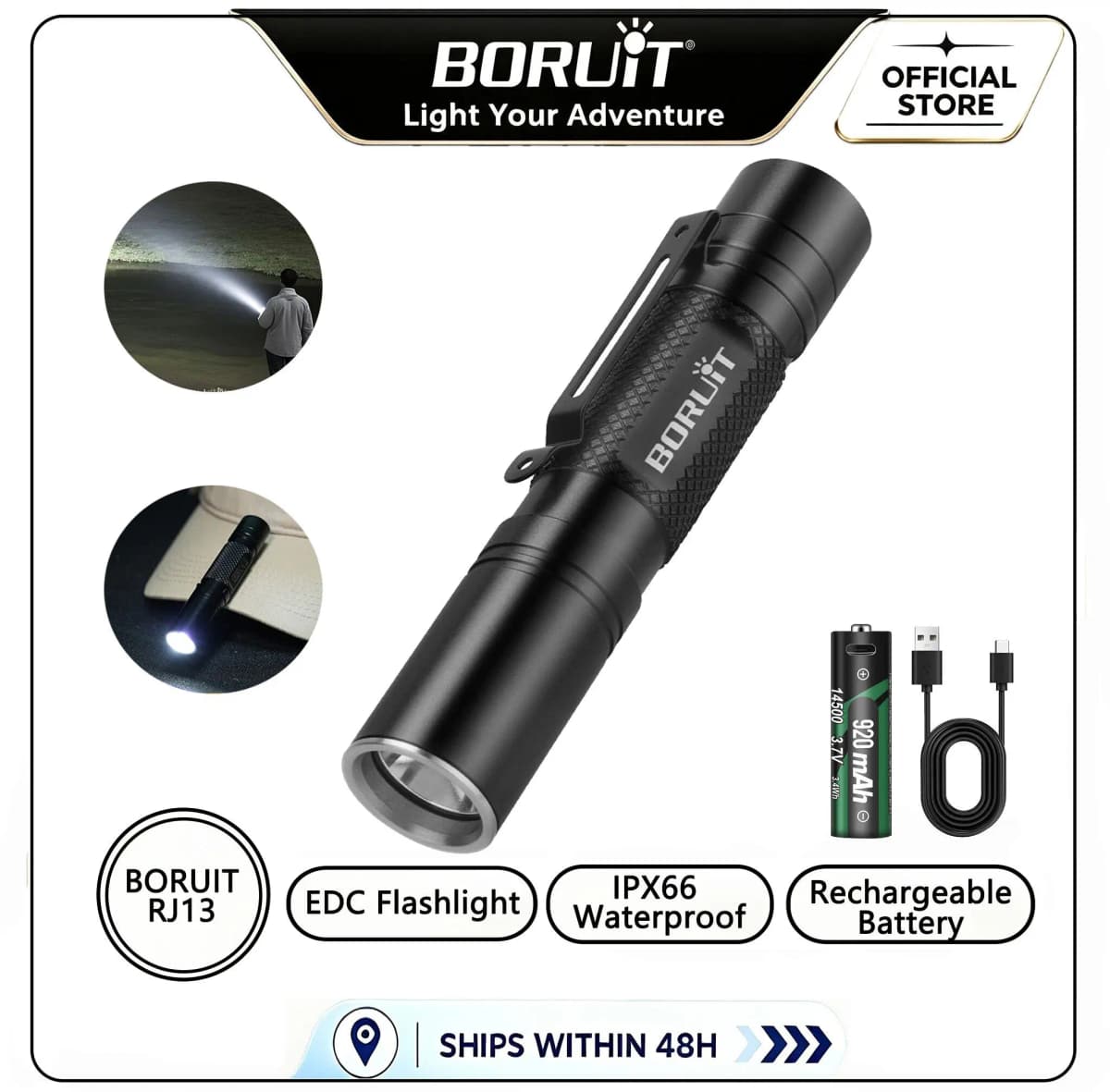 BORUiT RJ13 Small EDC Flashlight 500LM Powerful Pocket Torch Type C USB Charging IP66 Waterproof Outdoor Camping Lighting Lamp