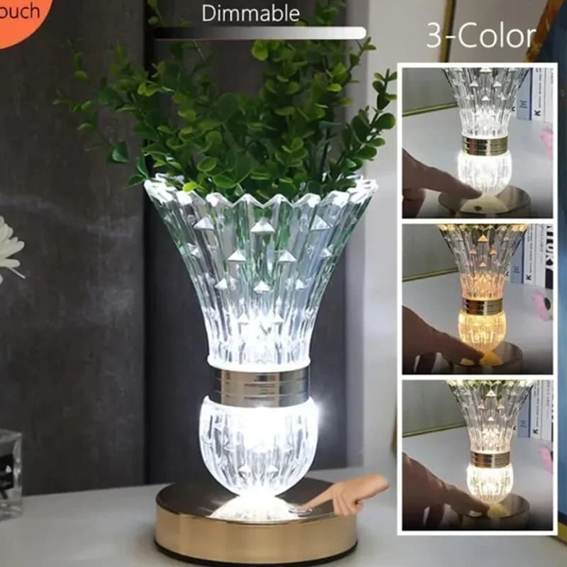 Crystal LED Vase Table Lamp USB Charging Touch Switch Tricolor Dimming Bedroom Decoration Bedside Living Room Decor Desk Lamp