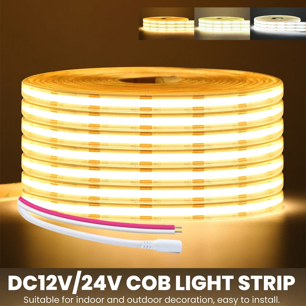 12V 24V COB LED Strip Light DC Plug/2Pin Wire Hight Bright Waterproof Flexible Tape 480LED/m Warm Natural White 5M 10M 20M 0.5M