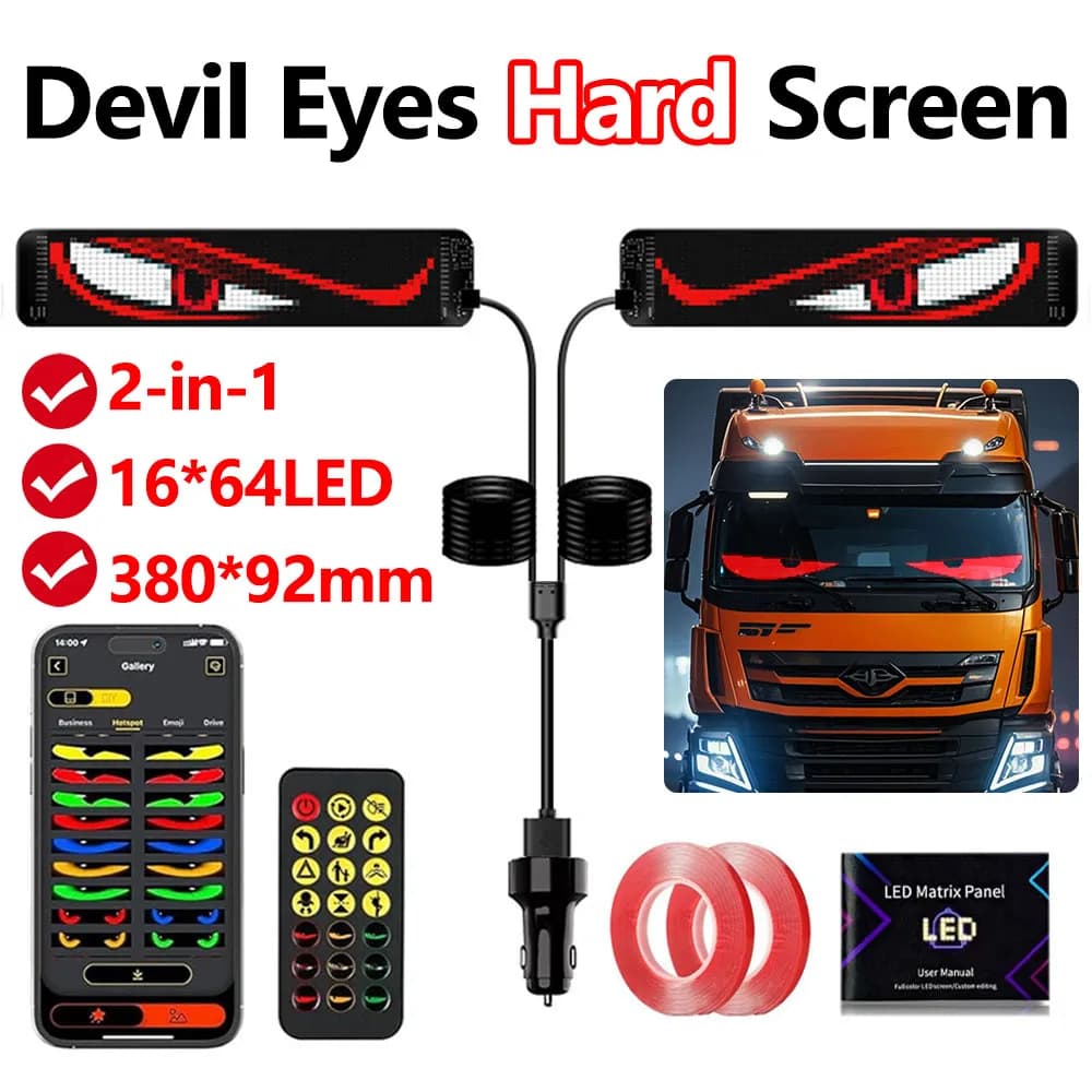 2PCS Devil's Eye Hard Screen LED Matrix Pixel Panel with APP Remote Control 2-in-1 DIY Programmable LED Display for Car Truck