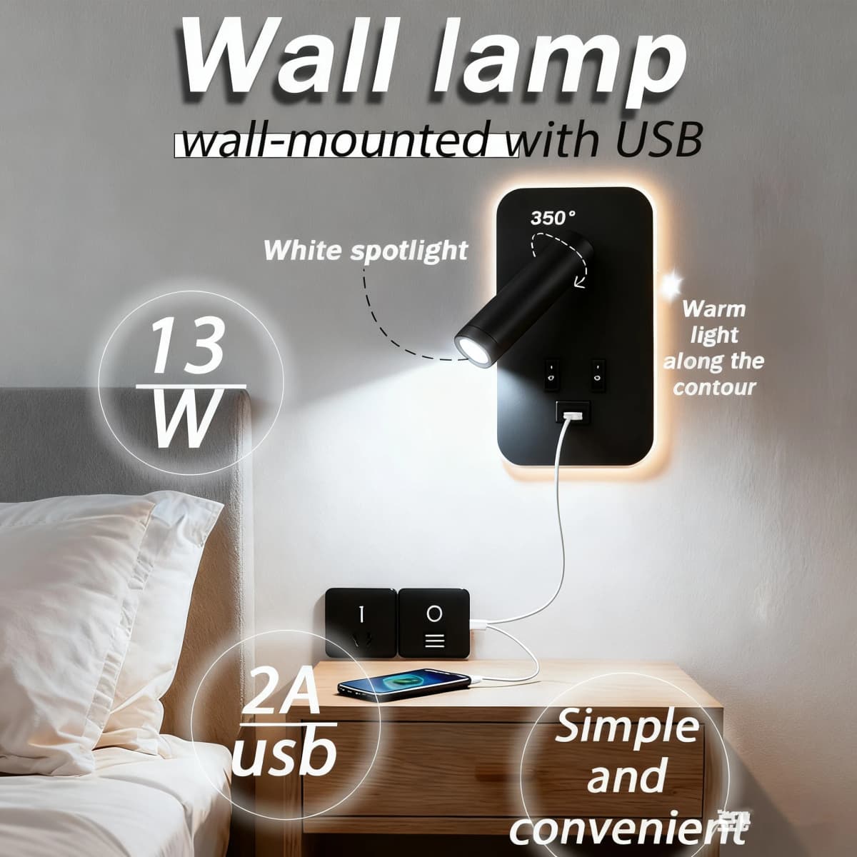 Reading Wall Lamp with USB 13W Rotatable Bedside Wall Light Double Switch LED Bedroom Spot Lights