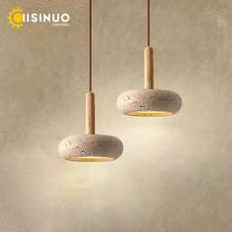 Wabi Sabi Yellow Travertine Stone Pendant Lights Hanging Bedside Small Droplight Round Wood Decora Lighting for Corridor Bedroom
