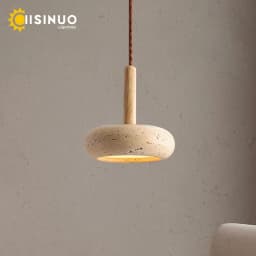 Wabi Sabi Yellow Travertine Stone Pendant Lights Hanging Bedside Small Droplight Round Wood Decora Lighting for Corridor Bedroom