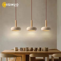 Wabi Sabi Yellow Travertine Stone Pendant Lights Hanging Bedside Small Droplight Round Wood Decora Lighting for Corridor Bedroom