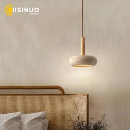 Wabi Sabi Yellow Travertine Stone Pendant Lights Hanging Bedside Small Droplight Round Wood Decora Lighting for Corridor Bedroom