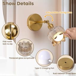 Retro Battery-Powered Wall Lamp, Rechargeable and Dimmable with 15 Colors, Remote Control, Glass Lampshade, Cordless Installation Lighting - Wireless Wall Lamp for Bedroom, Living Room, Hallway