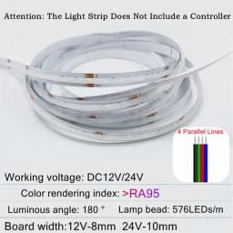 DC12V/24V RGB COB LED Strip 8mm/10mm Width 576LEDs/M High Density RA95 Flexible Tape for DIY Living Room Bedroom Decor Lighting
