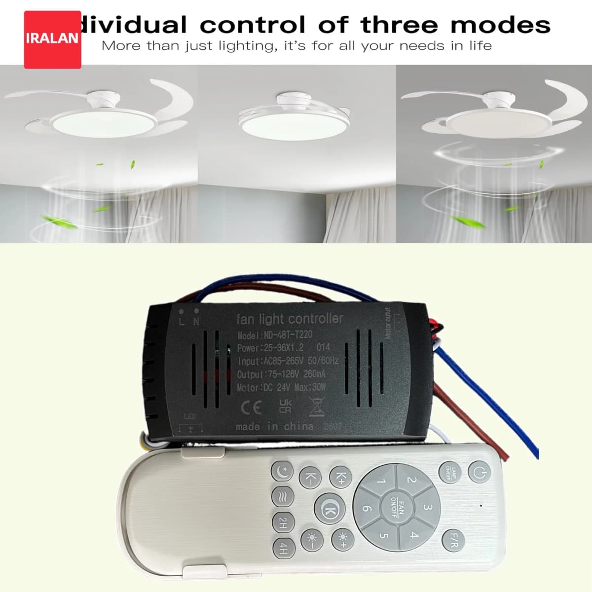 IRALAN Smart Transformer 42/48-inch Ceiling Fan Light Fan Led Driver Easy To Install Remote Control Dimming and Timer Driver