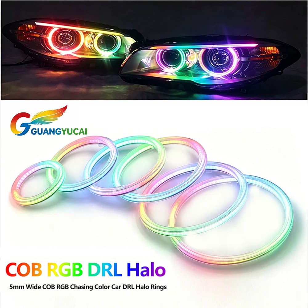 COB RGB DRL Halo Ring LED 60-120mm Chasing Color Angel Eyes for Car Motorcycle Changeable Lights Bluetooth WiFi App Control DC5V