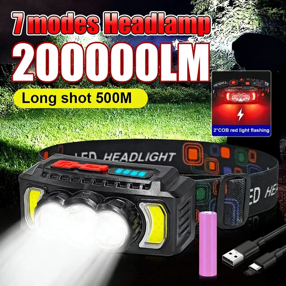 Super Powerful COB Head Flashlight LED Portable Head Lamp USB Rechargeable 7 Modes Outdoor Camping Hiking Headlamp Work Light
