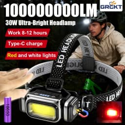 30W Powerful Headlamp USB Rechargeable Lamp Wave Sensor COB Bicycle Head Lights Red Light Outdoor Runing Fishing Headlight 18650