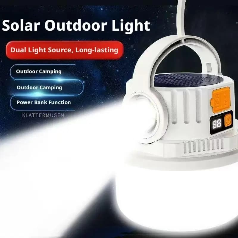 Portable LED Camping Lamp Solar Rechargeable Dual Light Outdoor Lantern with Power Bank Digital Display for Emergency Hiking