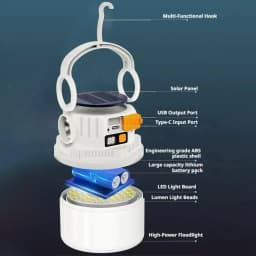 Portable LED Camping Lamp Solar Rechargeable Dual Light Outdoor Lantern with Power Bank Digital Display for Emergency Hiking
